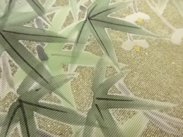  作家物　塩瀬金彩手描き笹模様名古屋帯